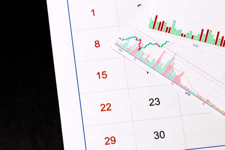 cryptocurrency. bitcoin coin on a stock market charts and calendar.