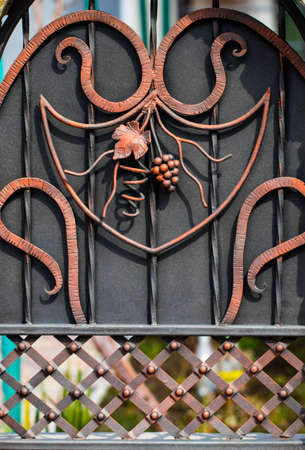 Details, structure and ornaments of forged iron gate. Floral decorative ornament, made from metal. Vintage metallic pattern. Decorative elements as a background.の写真素材