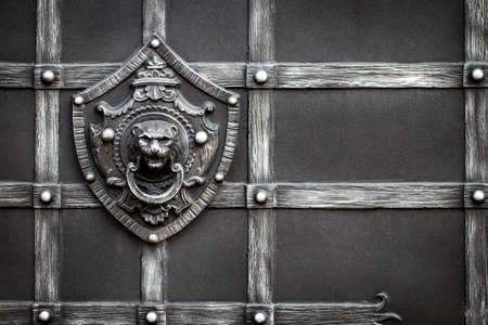 Details, structure and ornaments of forged iron gate. Decorative ornamen with lions , made from metal. Vintage metallic pattern. Decorative elements as a background.の写真素材