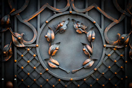 Details, structure and ornaments of forged iron gate. Floral decorative ornament, made from metal....