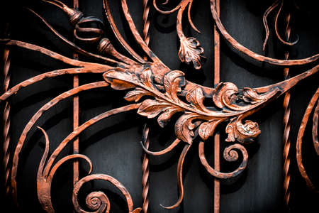 Details, structure and ornaments of forged iron gate. Floral decorative ornament, made from metal. Vintage metallic pattern. Decorative elements as a background.の写真素材