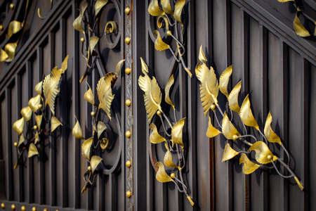 Details, structure and ornaments of forged iron gate. Floral decorative ornament, made from metal. Vintage metallic pattern. Decorative elements as a background.の写真素材