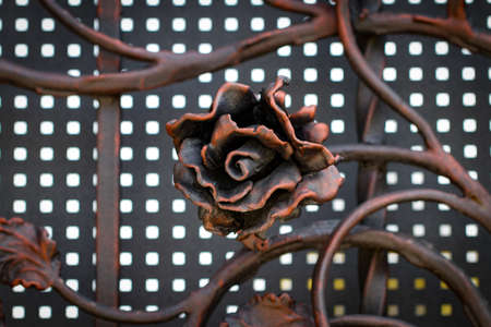 Details, structure and ornaments of forged iron gate. Floral decorative ornament, made from metal. Vintage metallic pattern. Decorative elements as a background.の写真素材