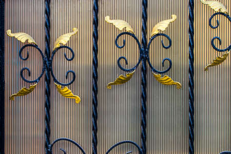 Details, structure and ornaments of forged iron gate. Floral decorative ornament, made from metal. Vintage metallic pattern. Decorative elements as a background.の写真素材