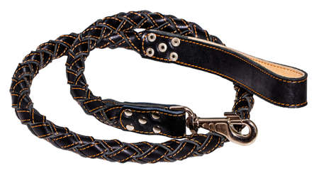black leather leash on a white background.の写真素材