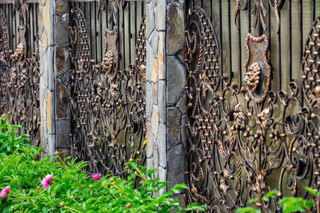 Details, structure and ornaments of forged iron gate. Decorative ornamen with lions , made from metal.の写真素材