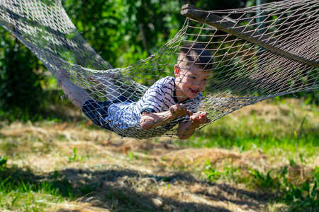 Cheerful  boy lying on hammock in the garden.の写真素材