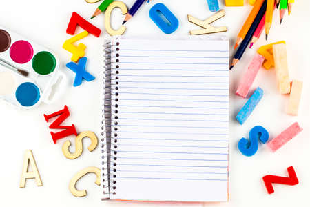 Back to school. Items for the school on white background.の写真素材