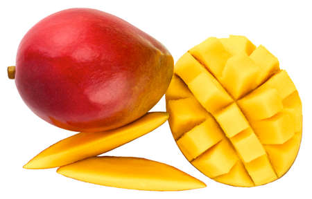 Mango fruit with mango cubes and slices. Isolated on a white background.の写真素材