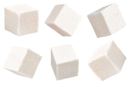 Greek feta cubes. Feta cheese isolated on white background. With clipping path.. Collection.の写真素材