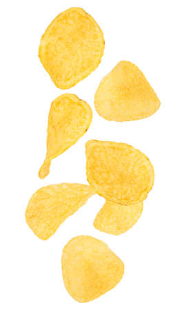 Falling potato chips isolated on whiteの写真素材
