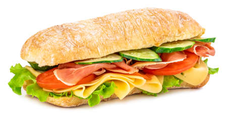 Ciabatta sandwich with lettuce, tomatoes prosciutto and cheese isolated on whiteの写真素材