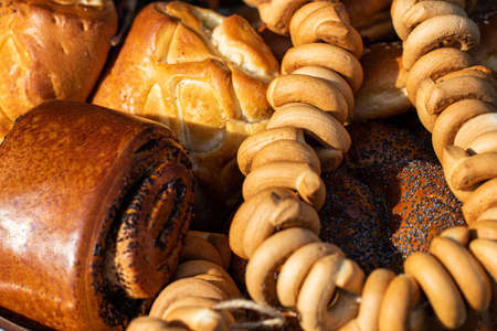 Many mixed breads and rolls shot from above.の写真素材