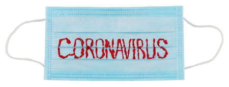 Surgical mask, protective mask with CORONAVIRUS text isolated on white