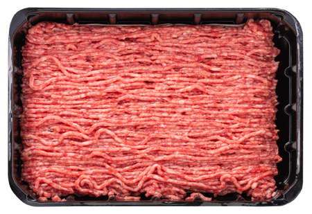 Raw Minced Meat in a Black Plastic Container Isolated on a White Background.
