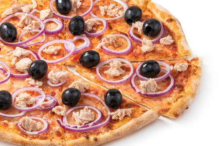 Pizza with tuna, red onion and olives isolated on white background.の写真素材