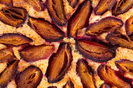 Plum pie close up. Plum cake texture.の写真素材