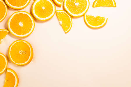 pattern of sliced orange background. Orange fruit top view with copy space.