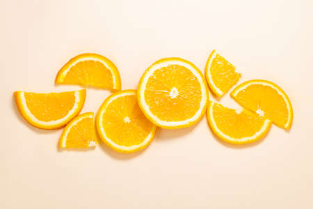 pattern of sliced orange background. Orange fruit top view with copy space.の写真素材