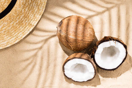 coconut on the sand. Tropical beach and coconuts, background with copy space. Travel and Beach Vacation.の写真素材