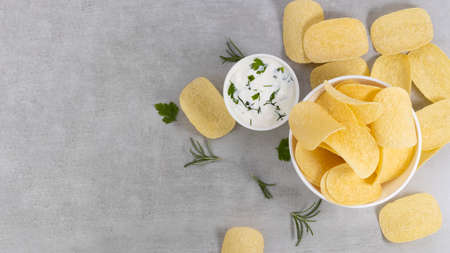 potato chips and sauce with spices top view with.の写真素材