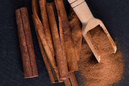 Cinnamon sticks and powder on dark background.