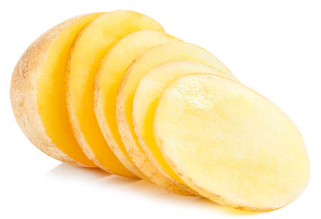 Sliced potatoes. Cut raw potato vegetables isolated on white background with clipping.の写真素材