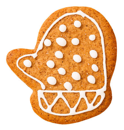 Christmas gingerbread isolated on white background. Cookies mitten.の写真素材