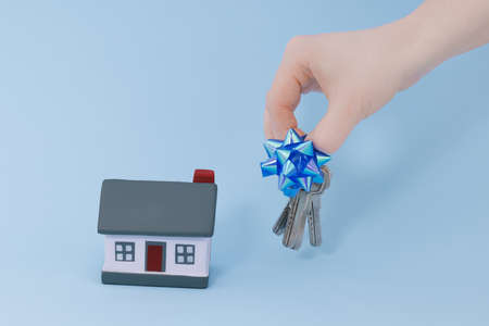 hand holds out the keys and a house on a blue background with copy space.の写真素材