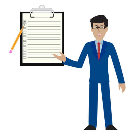 Young businessman in suit presenting something on a blank board Presentation Seminar.のイラスト素材