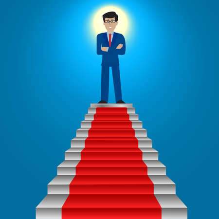 Businessman standing on stairs with blue background, Successful businessman concept.のイラスト素材