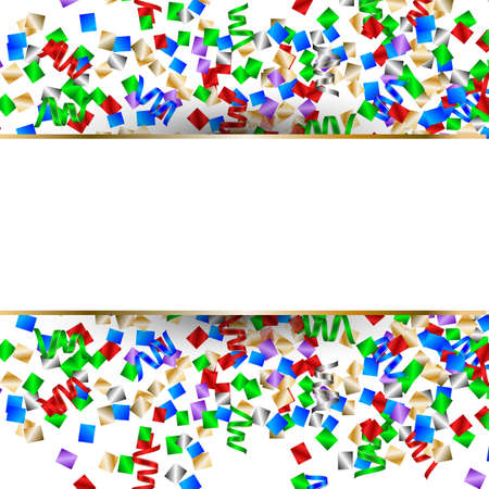 White banner with colorful confetti and colorful serpentine. New Year background. Vector illustration.のイラスト素材