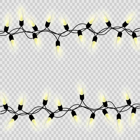 Christmas garland on a transparent background. Bright retro lightbulb yellow background with glowing lights. Vector banner template for the holidays with a garland for decoration.のイラスト素材
