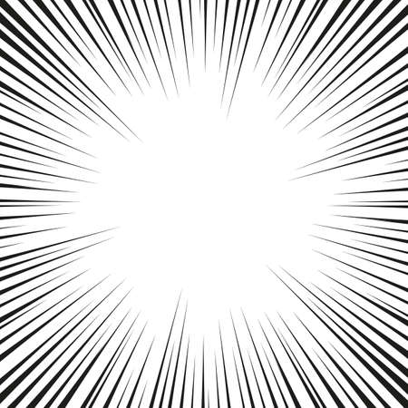 Many black comic radial speed Lines on white base. Effect power explosion illustration. Comic book design element. Graphic Explosion with Speed Lines in comic book style.のイラスト素材