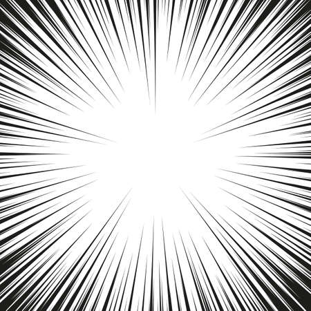 Many black comic radial speed Lines on white base. Effect power explosion illustration. Comic book design element. Graphic Explosion with Speed Lines in comic book style.のイラスト素材
