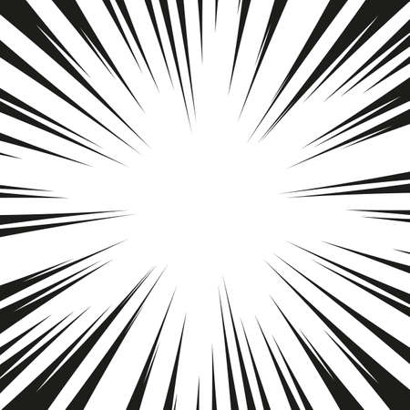 Many black comic radial speed Lines on white base. Effect power explosion illustration. Comic book design element. Graphic Explosion with Speed Lines in comic book style. Vectorのイラスト素材