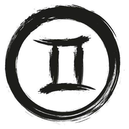 Zodiac sign Gemini isolated on white background. Brush hand drawn. Circle Gemini zodiac sign, hand painted round horoscope symbol vector.のイラスト素材
