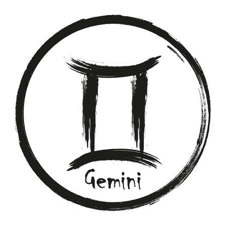 Zodiac sign Gemini isolated on white background. Brush hand drawn. Circle Gemini zodiac sign, hand painted round horoscope symbol vector.のイラスト素材
