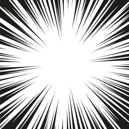 Many black comic radial speed Lines on white base. Effect power explosion illustration. Comic book design element. Graphic Explosion with Speed Lines in comic book style. Vectorのイラスト素材