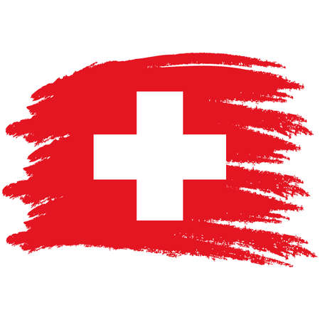 Flag of Switzerland. Brush painted Flag of Switzerland. Hand drawn style illustration with a grunge effect and watercolor. Flag of Switzerland with grunge texture.のイラスト素材