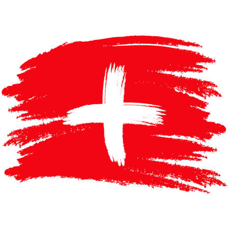 Flag of Switzerland. Brush painted Flag of Switzerland. Hand drawn style illustration with a grunge effect and watercolor. Flag of Switzerland with grunge texture.のイラスト素材
