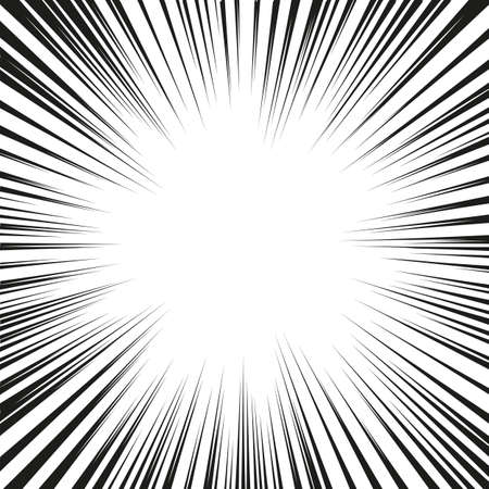 Abstract comic book flash explosion radial lines background. Vector illustration for superhero design. Bright black white light strip burst. Flash ray blast glow. Manga cartoon hero fight print stampのイラスト素材
