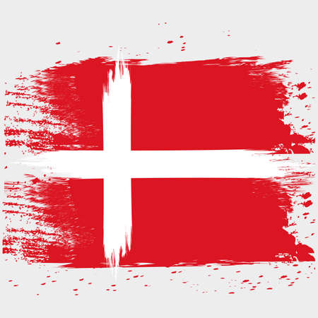 Denmark flag. Brush painted Denmark flag. Hand drawn style illustration with a grunge effect and watercolor. Denmark flag with grunge texture. Vector illustration.のイラスト素材