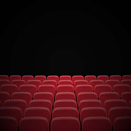 Rows of red cinema or theater seats in front of black blank screen. Wide empty movie theater auditorium with red seats. Vector illustrationのイラスト素材