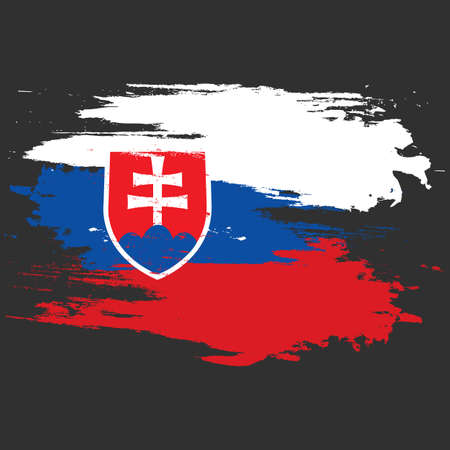 Slovakia flag. Brush painted Slovakia flag. Hand drawn style illustration with a grunge effect and watercolor. Slovakia flag with grunge texture. Vector illustration.のイラスト素材