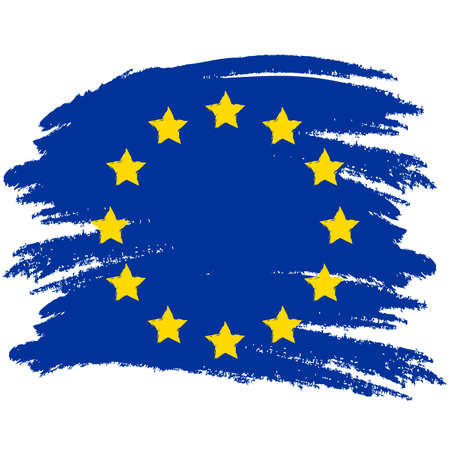 Flag of Europe flag of European Union . Brush painted Flag of Europe Hand drawn style illustration with a grunge effect and watercolor. Flag of Europe with grunge texture. Vector illustration.のイラスト素材