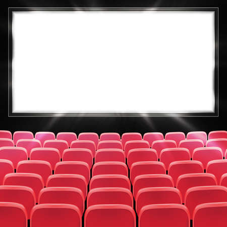 Rows of red cinema or theater seats in front of black blank screen. Wide empty movie theater auditorium with red seats. Vector illustrationのイラスト素材