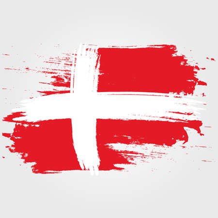 Denmark flag. Brush painted Denmark flag. Hand drawn style illustration with a grunge effect and watercolor. Denmark flag with grunge texture. Vector illustration.のイラスト素材