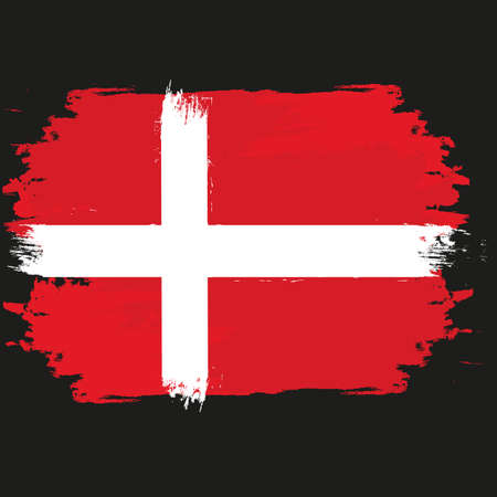 Denmark flag. Brush painted Denmark flag. Hand drawn style illustration with a grunge effect and watercolor. Denmark flag with grunge texture. Vector illustration.のイラスト素材