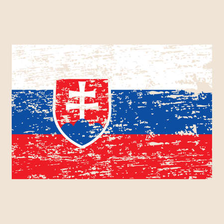Slovakia flag. Brush painted Slovakia flag. Hand drawn style illustration with a grunge effect and watercolor. Slovakia flag with grunge texture. Vector illustration.のイラスト素材